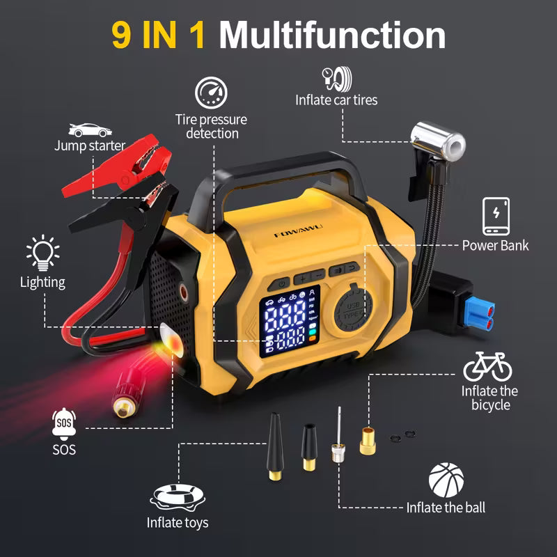 9-in-1 Car Jump Starter with Power Bank, Flashlight & Emergency Kit