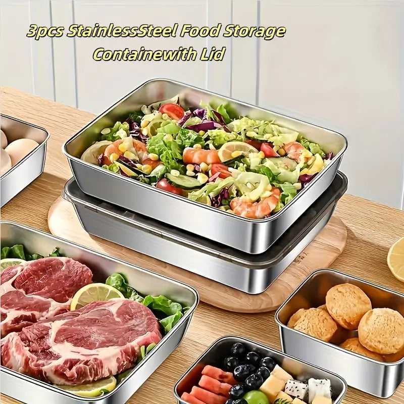 3-Pack Stainless Steel Food Storage Containers with Lids – Reusable & Durable