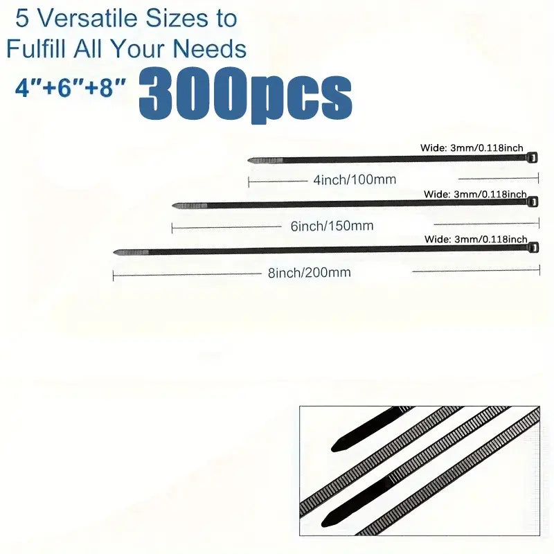 300 Pcs Black Nylon Cable Ties