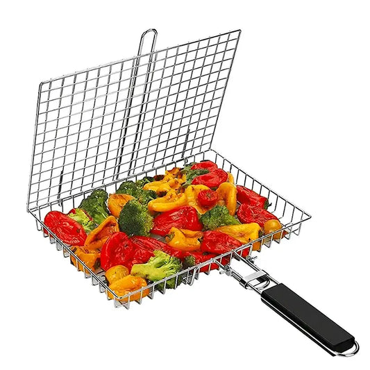 Stainless Steel Folding BBQ Grill Basket with Lid